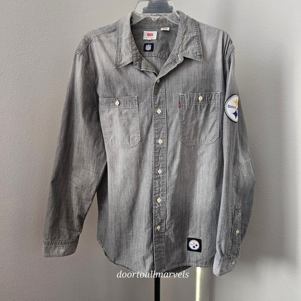 Levi's NFL Steelers Button Down Shirt Distressed Cotton Chambray Men sz XL